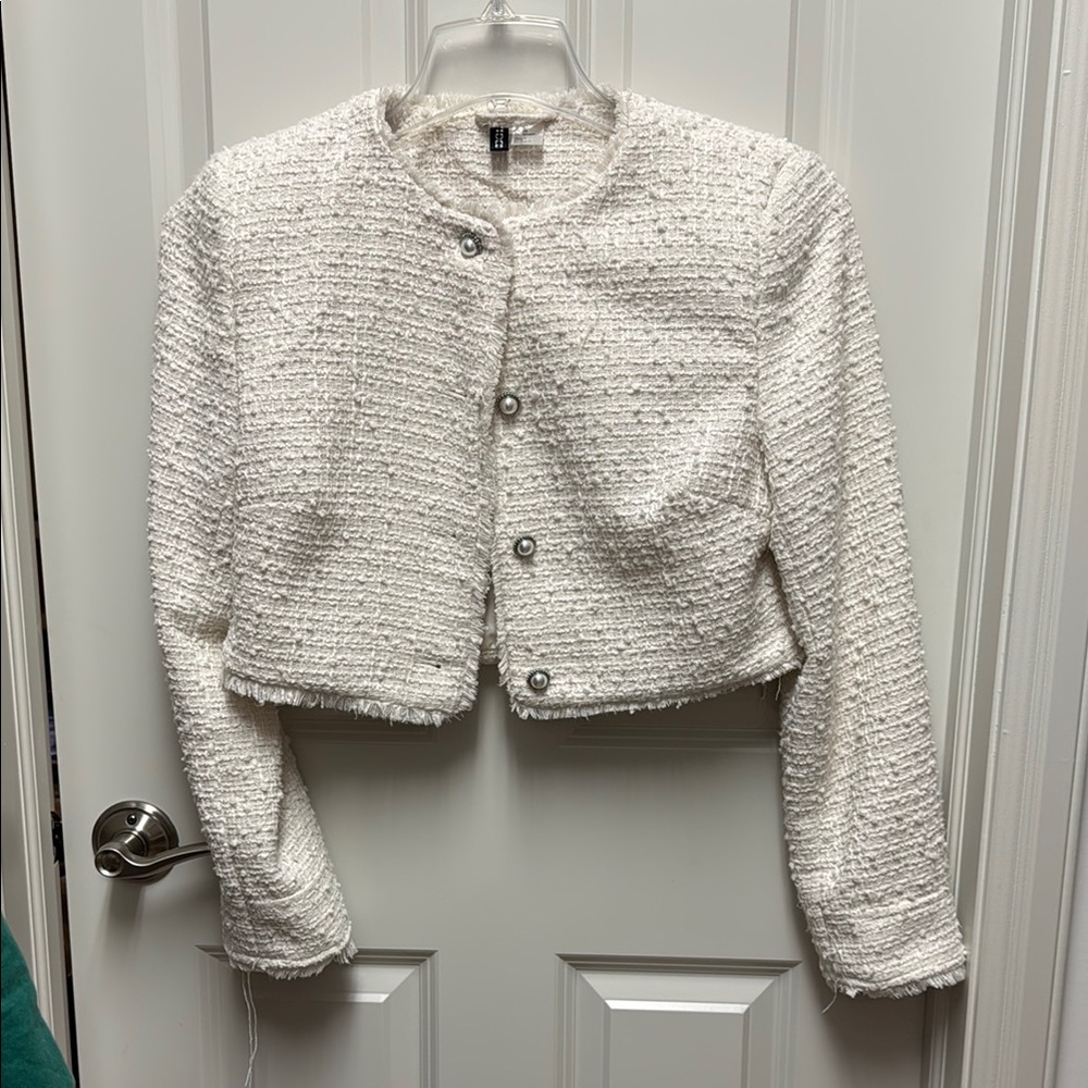 H&M White Blazer Tweed Knit Suit Jacket